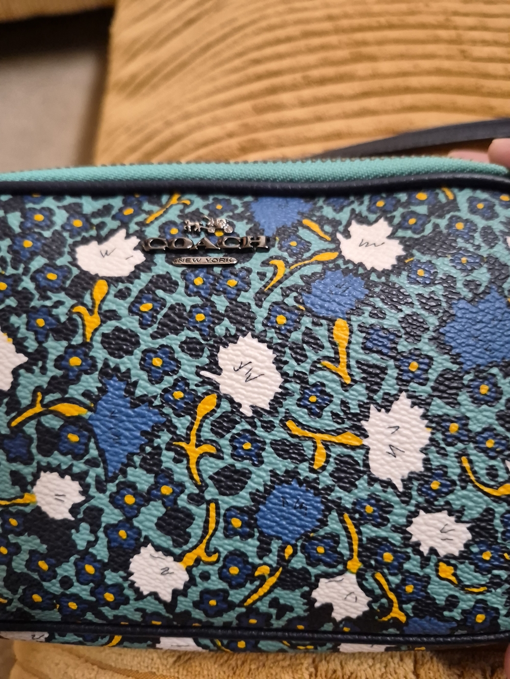 Coach Floral Double Zip Crossbody Teal Multi W/Gun Metal Hardware. - Picture 8 of 15